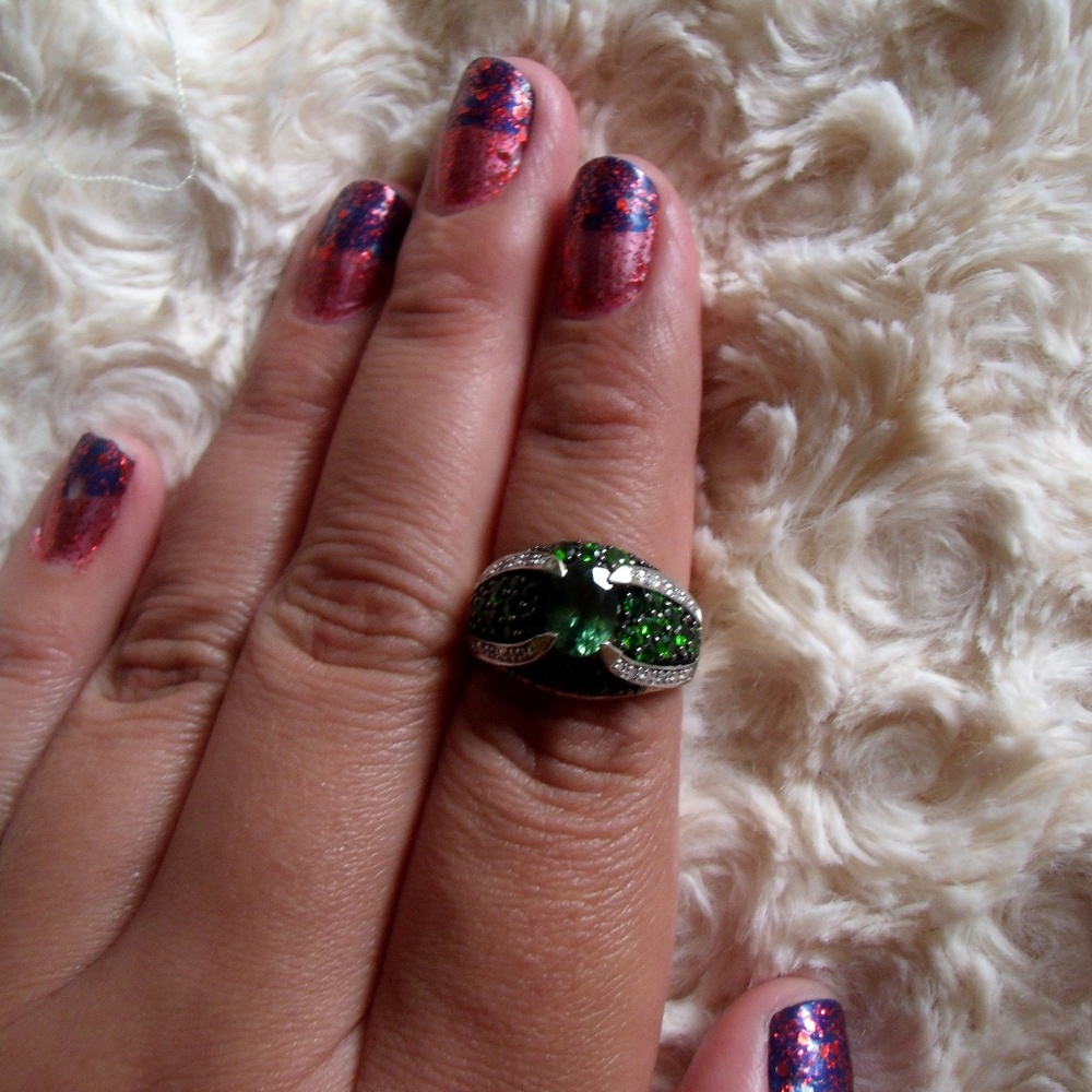 Chrome Diopside And White Zircon Silver Ring
